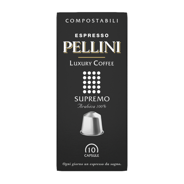 Compatible capsules - PELLINI LUXURY SUPREMO 100% Arabica coffee Nespresso® compatible* Self-protected Compostable capsules