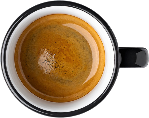 Tazzina nera contenente caffè e vista dall'alto