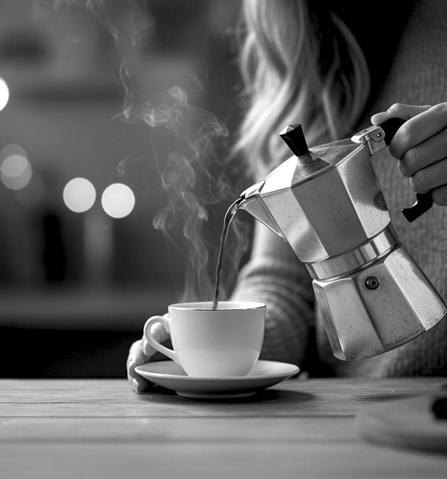 Donna che versa una tazza di caffè preparato con la moka
