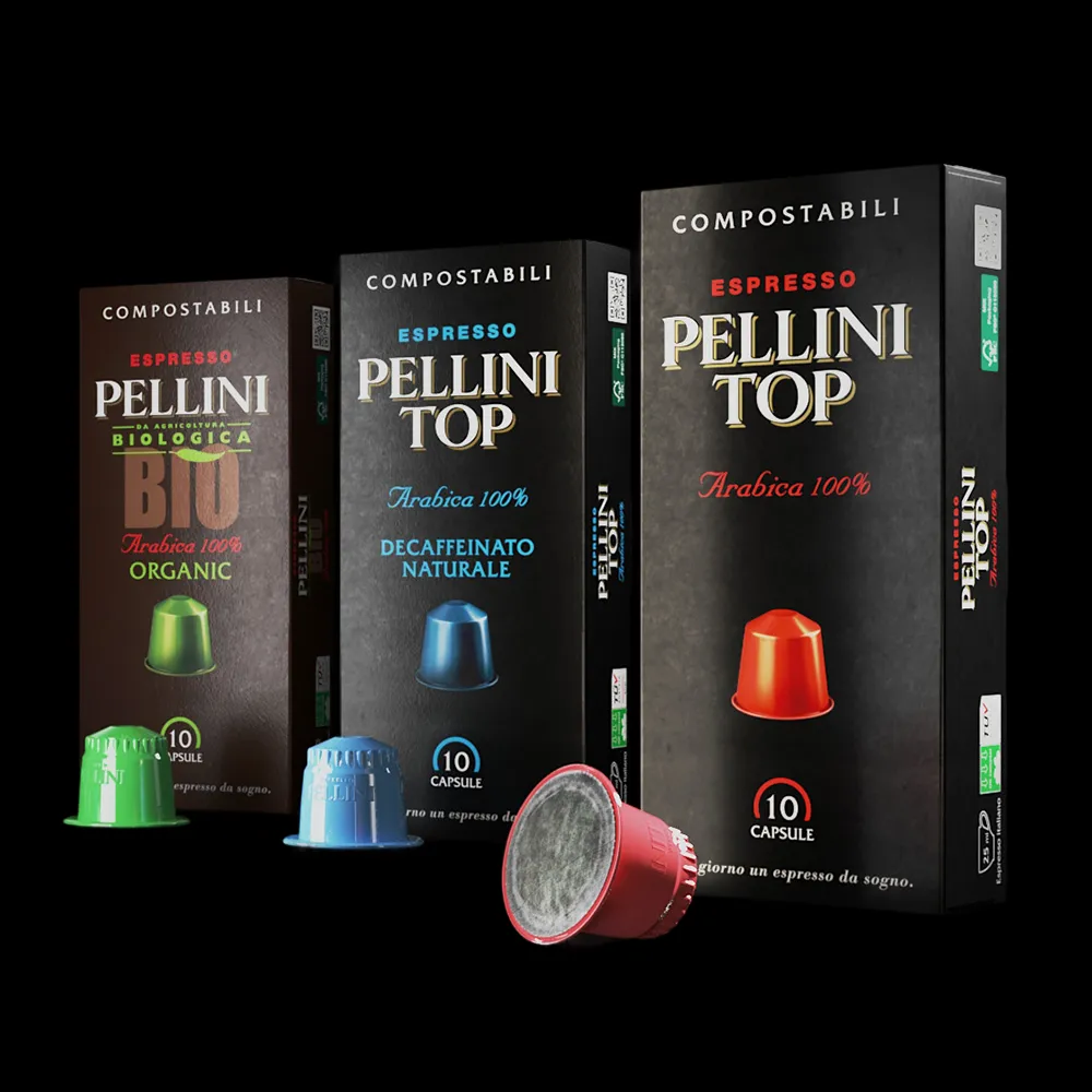 Confezioni di tre referenze di capsule Pellini disposte in fila