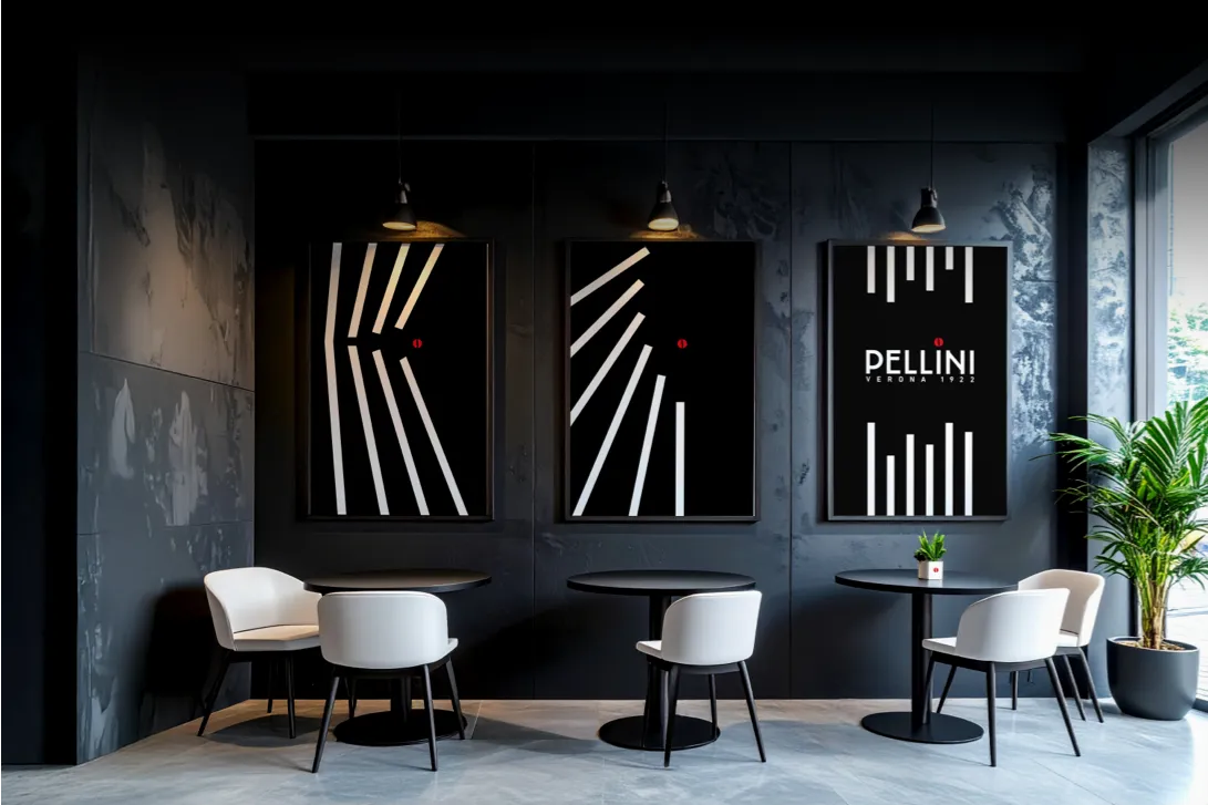 Interno di un bar con tre manifesti a parete Pellini