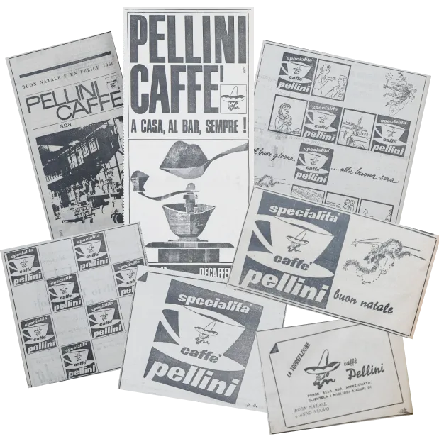 Primi manifesti in bianco e nero di caffè Pellini