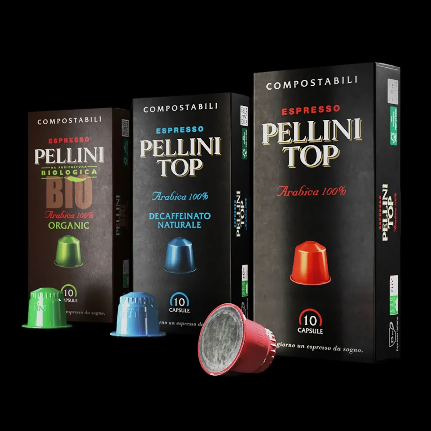 Pellini confezioni capsule Confezioni di tre referenze di capsule Pellini Top, decaffeinato e Bio, disposte in fila